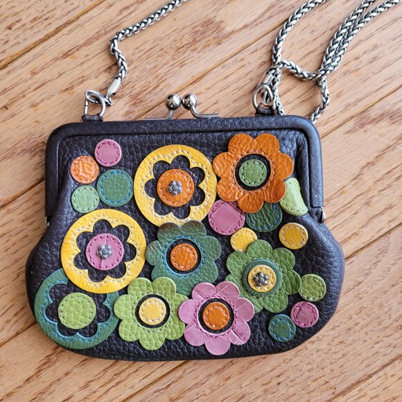 Brighton Brown Coin Purse Kiss Lock Leather Flower Appliqué Chain Strap - Picture 2 of 12
